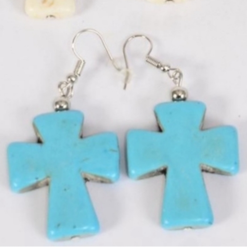 Cross Earrings BLUE Tourquise Semiprecious Stone Blu Southwestern pr of Earrings